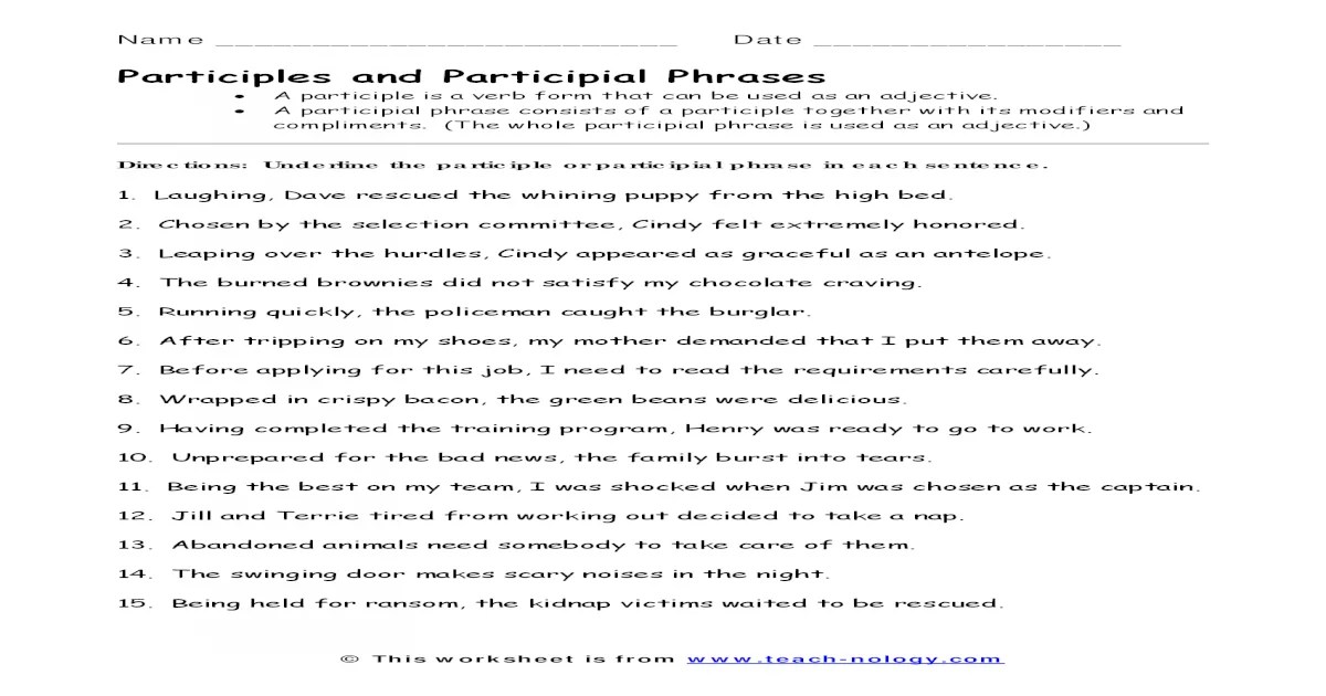 Participles and participial phrases worksheet answer key